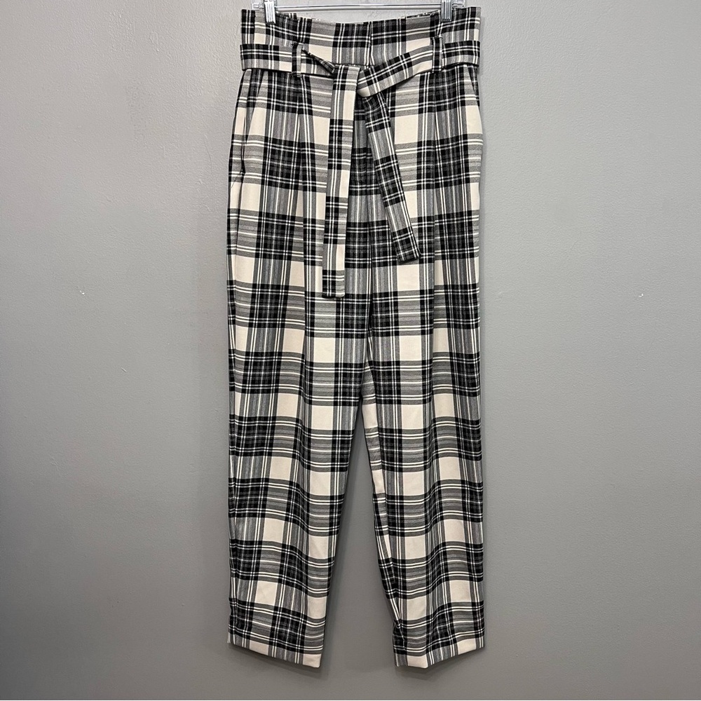 NWT Zara Cinched Waist W/ Belt Black/Gray/Cream Color Pants Size Large